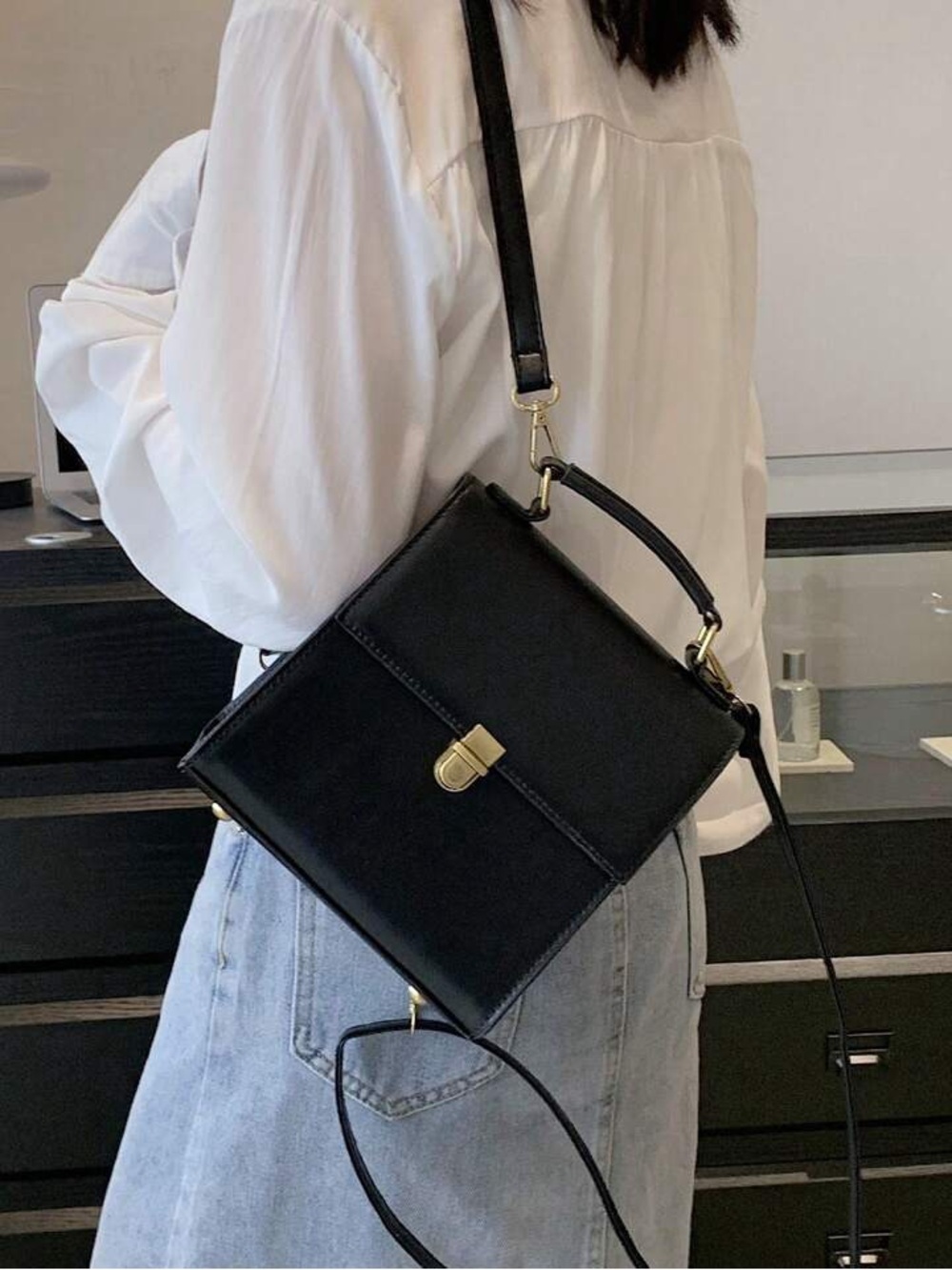 Black Structured Mini Backpack with Gold Hardware - Picture 6 of 7